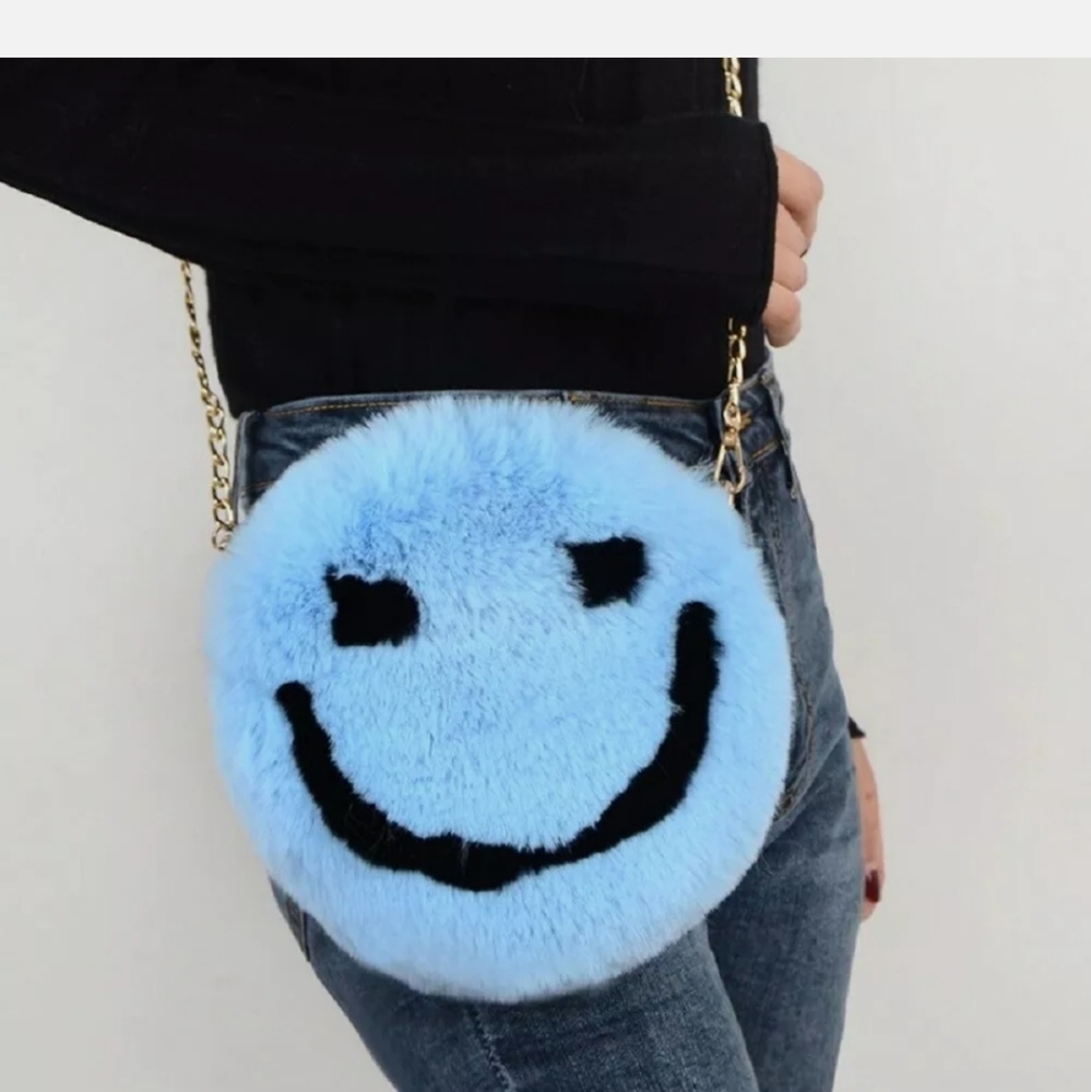 Smiley face round faux fur crossbody bag